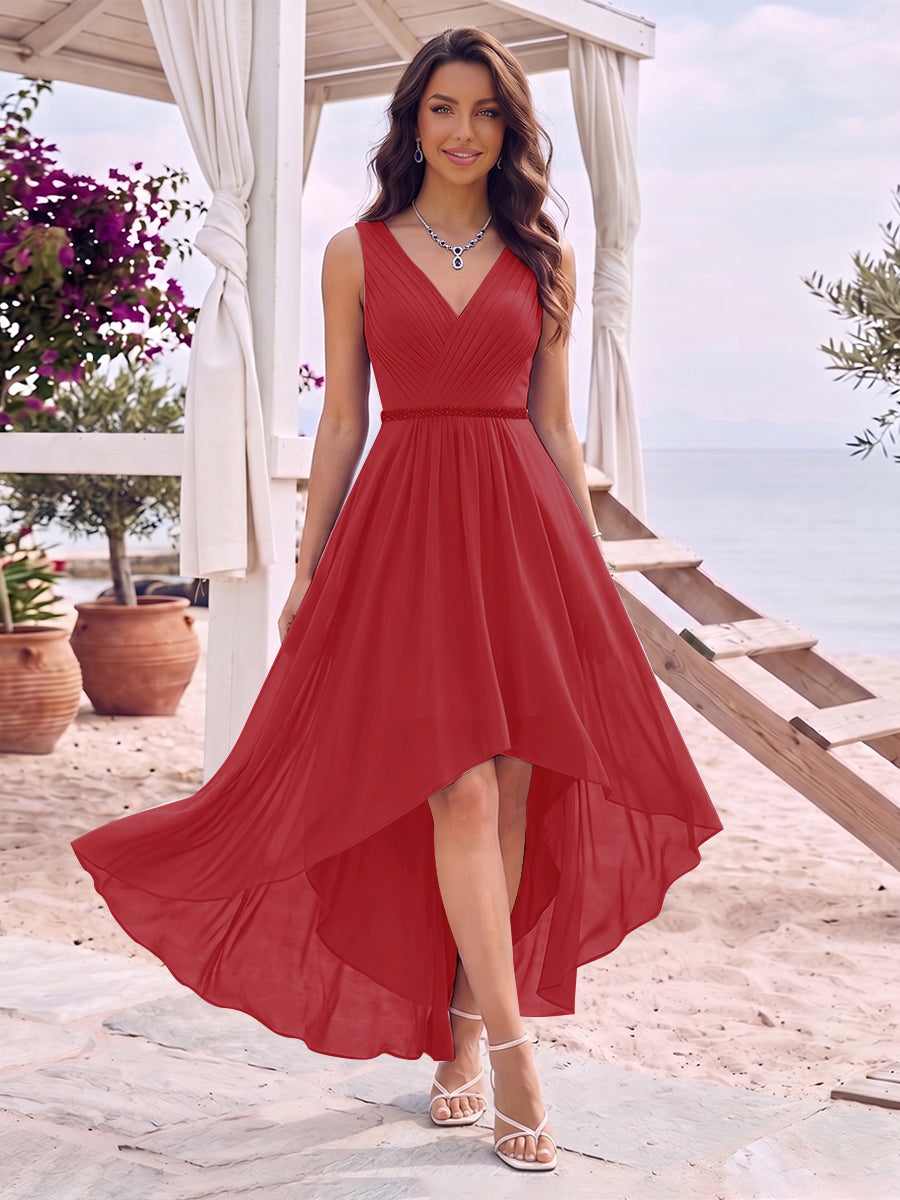 A-Line/Princess V-Neck Sleeveless Asymmetrical Bridesmaid Dresses With Pleats &amp; Rhinestone