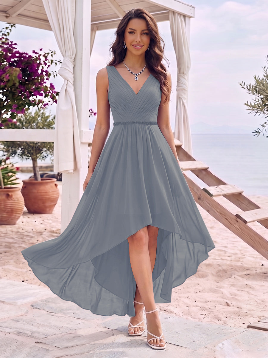 A-Line/Princess V-Neck Sleeveless Asymmetrical Bridesmaid Dresses With Pleats &amp; Rhinestone