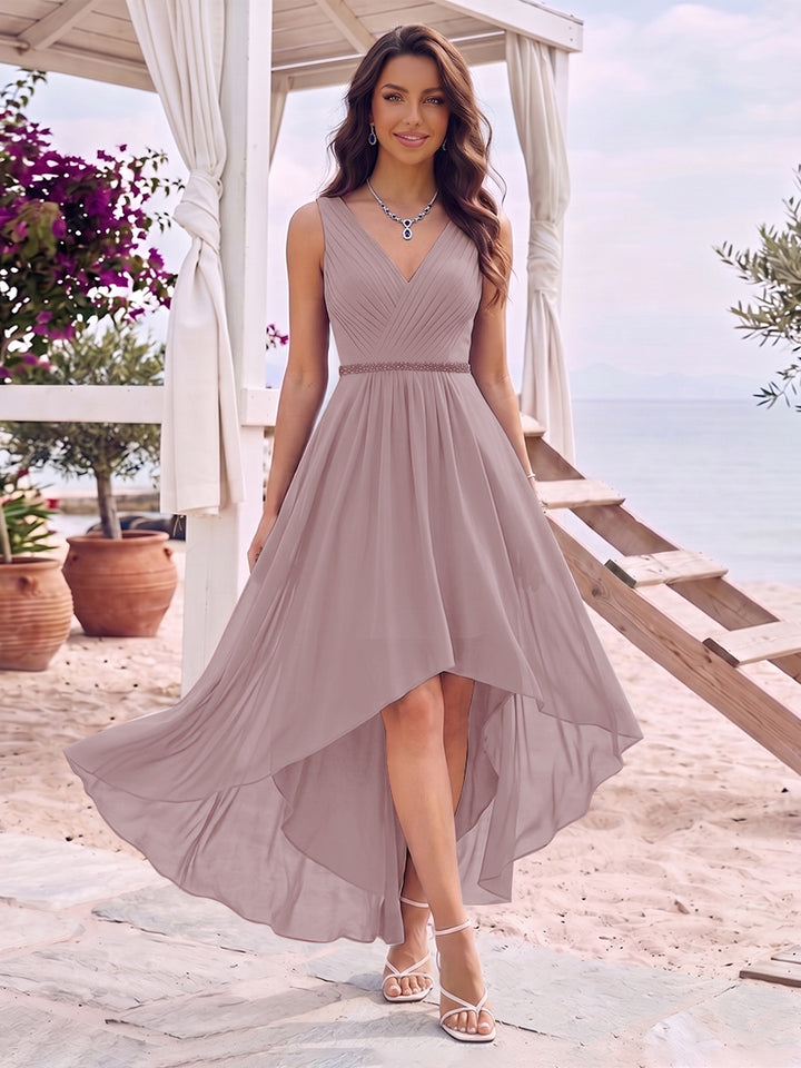 A-Line/Princess V-Neck Sleeveless Asymmetrical Bridesmaid Dresses With Pleats &amp; Rhinestone