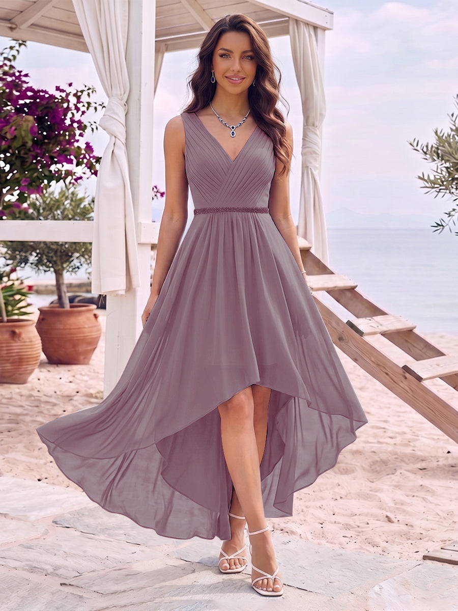 A-Line/Princess V-Neck Sleeveless Asymmetrical Bridesmaid Dresses With Pleats &amp; Rhinestone