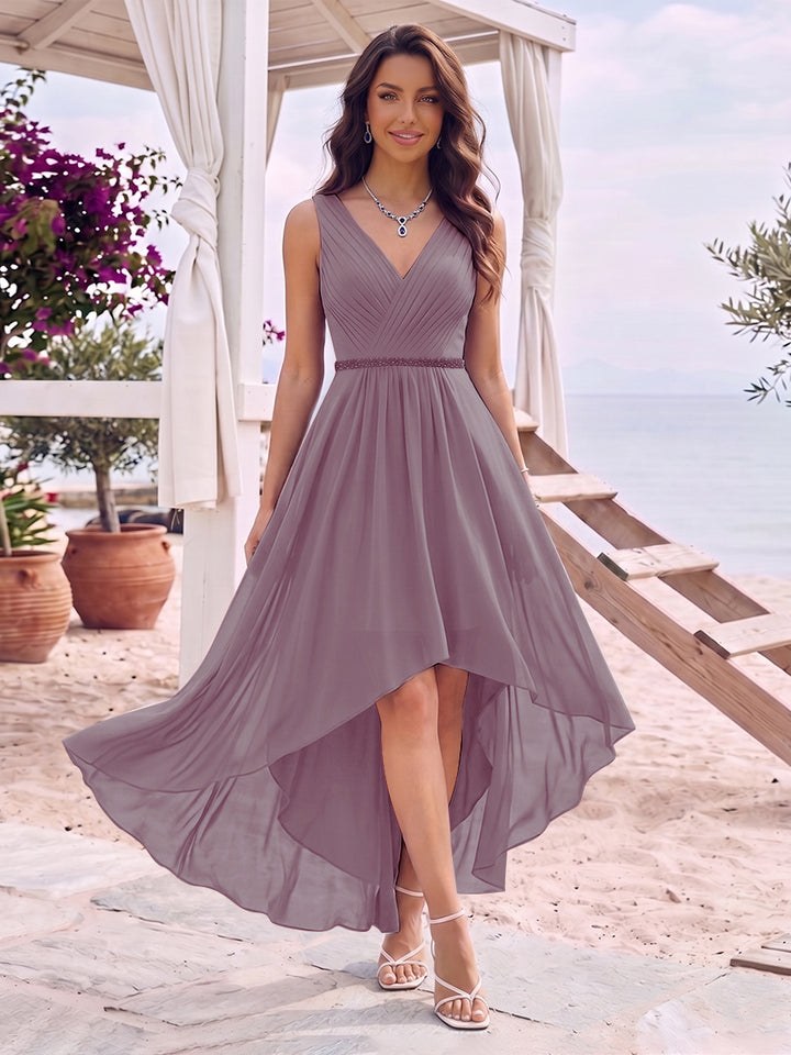 A-Line/Princess V-Neck Sleeveless Asymmetrical Bridesmaid Dresses With Pleats &amp; Rhinestone