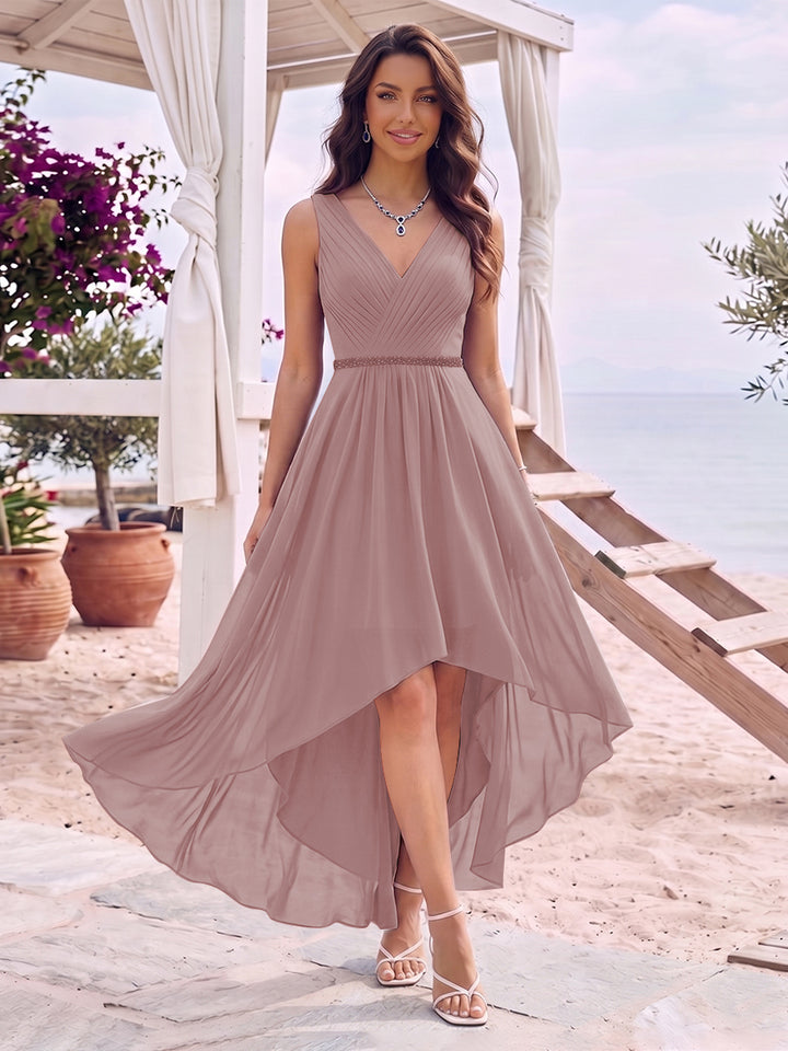 A-Line/Princess V-Neck Sleeveless Asymmetrical Bridesmaid Dresses With Pleats &amp; Rhinestone