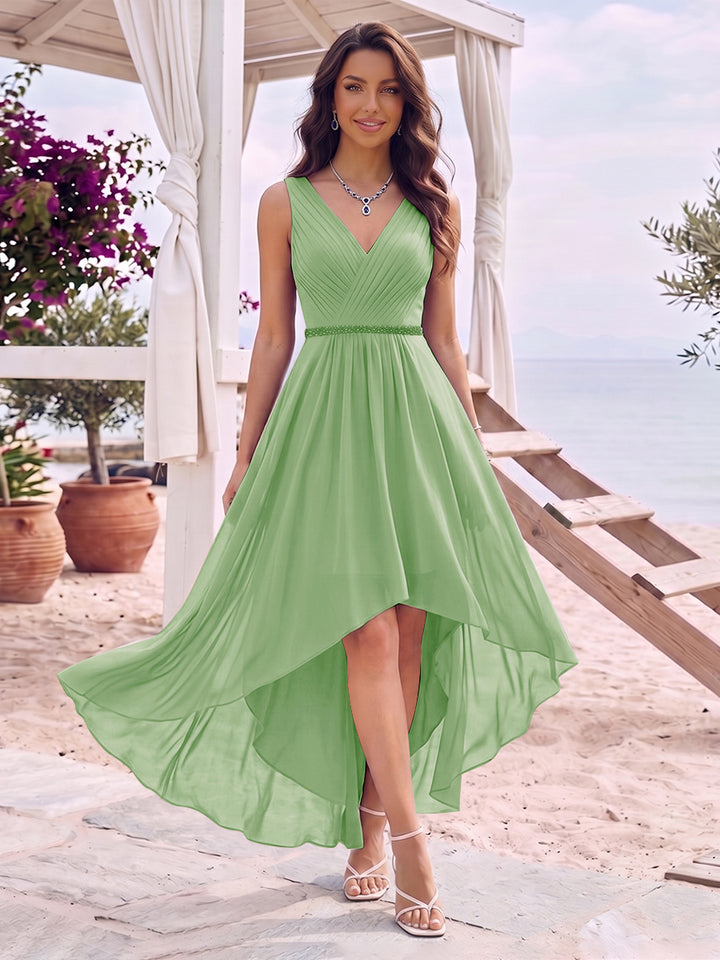 A-Line/Princess V-Neck Sleeveless Asymmetrical Bridesmaid Dresses With Pleats &amp; Rhinestone