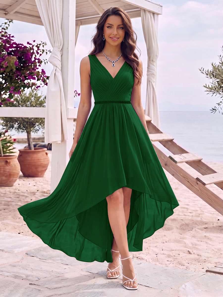 A-Line/Princess V-Neck Sleeveless Asymmetrical Bridesmaid Dresses With Pleats &amp; Rhinestone