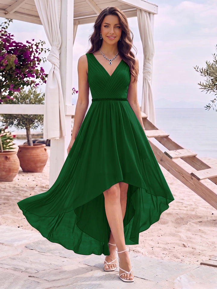 A-Line/Princess V-Neck Sleeveless Asymmetrical Bridesmaid Dresses With Pleats &amp; Rhinestone