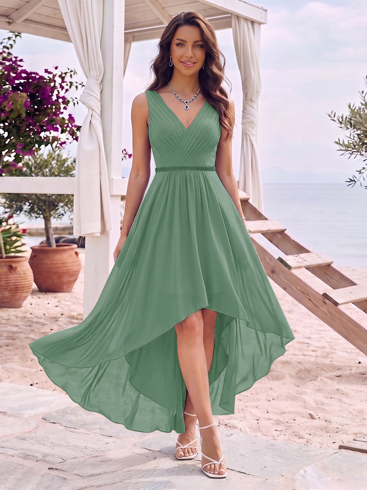 A-Line/Princess V-Neck Sleeveless Asymmetrical Bridesmaid Dresses With Pleats &amp; Rhinestone