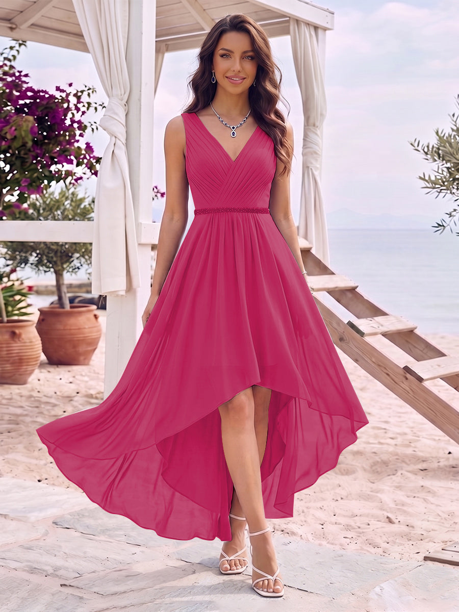 A-Line/Princess V-Neck Sleeveless Asymmetrical Bridesmaid Dresses With Pleats &amp; Rhinestone