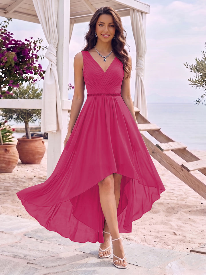 A-Line/Princess V-Neck Sleeveless Asymmetrical Bridesmaid Dresses With Pleats &amp; Rhinestone