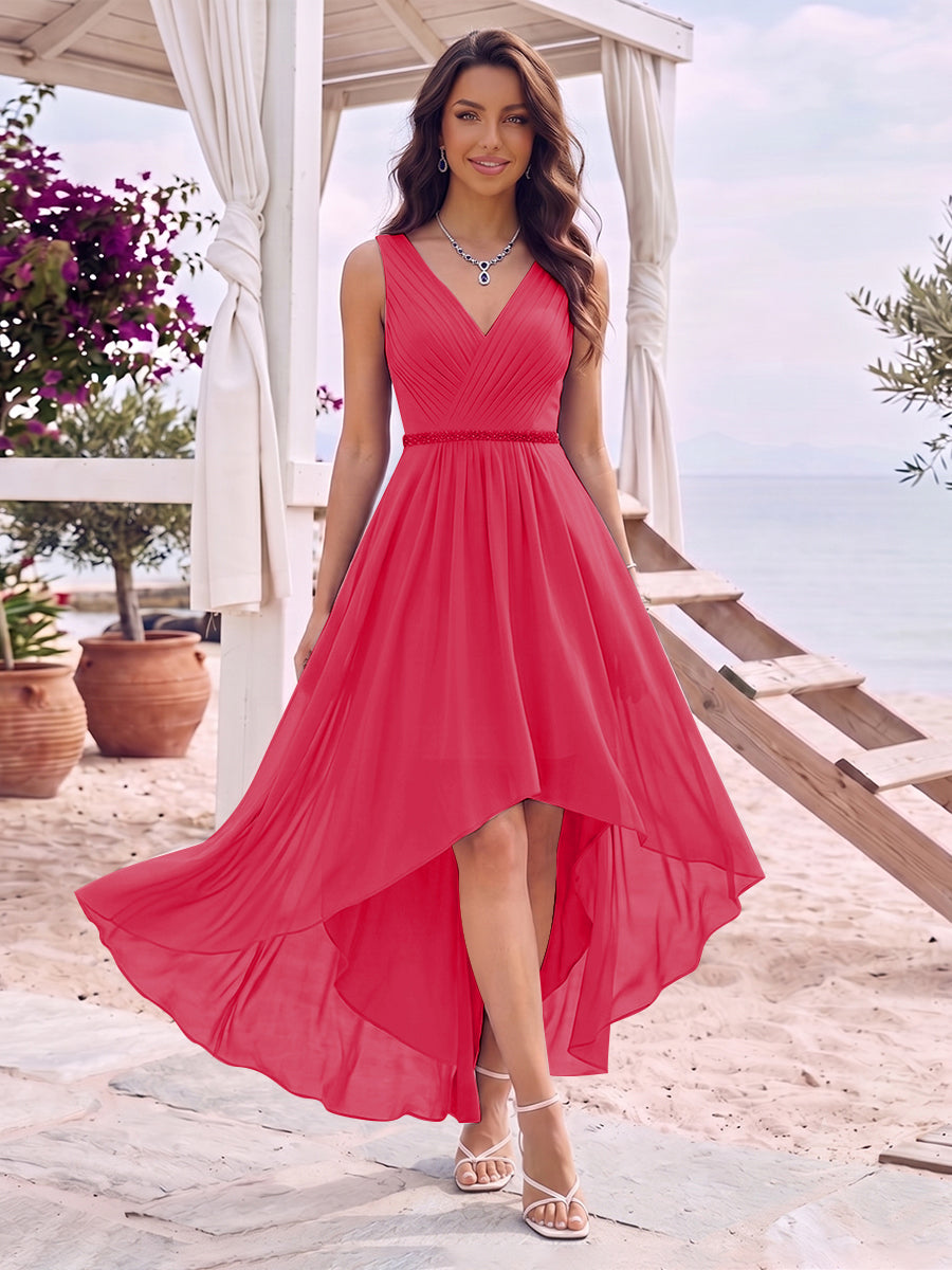 A-Line/Princess V-Neck Sleeveless Asymmetrical Bridesmaid Dresses With Pleats &amp; Rhinestone