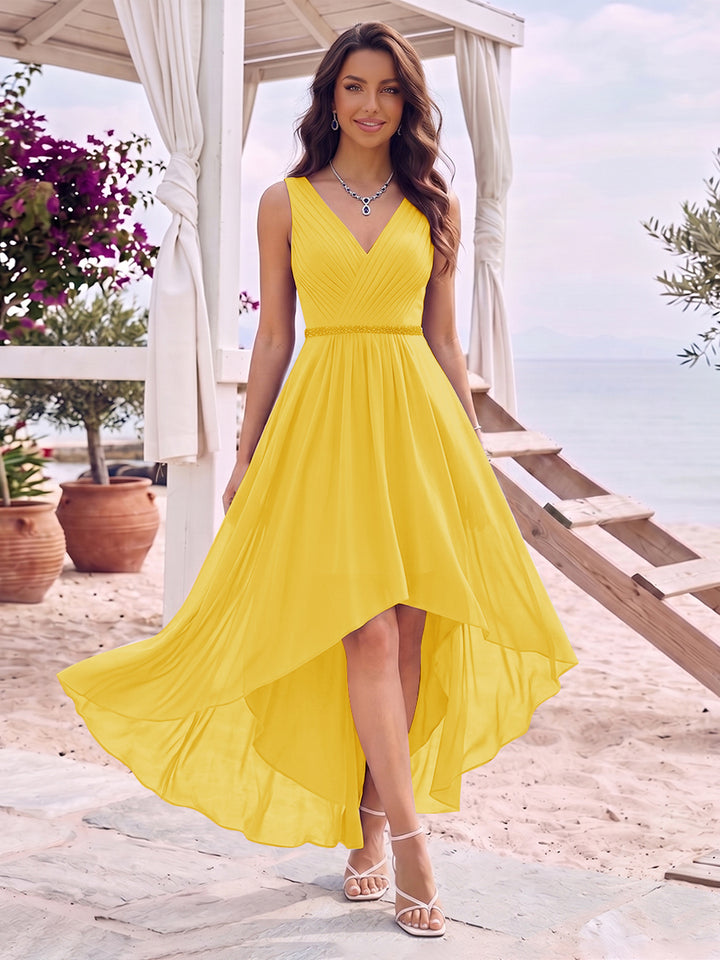 A-Line/Princess V-Neck Sleeveless Asymmetrical Bridesmaid Dresses With Pleats &amp; Rhinestone