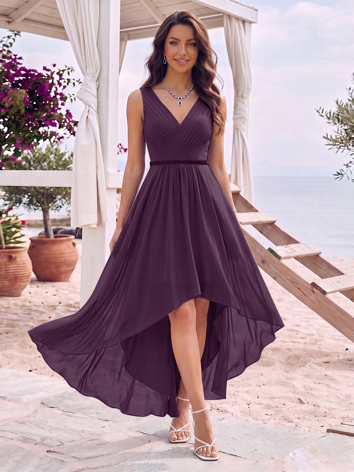 A-Line/Princess V-Neck Sleeveless Asymmetrical Bridesmaid Dresses With Pleats &amp; Rhinestone