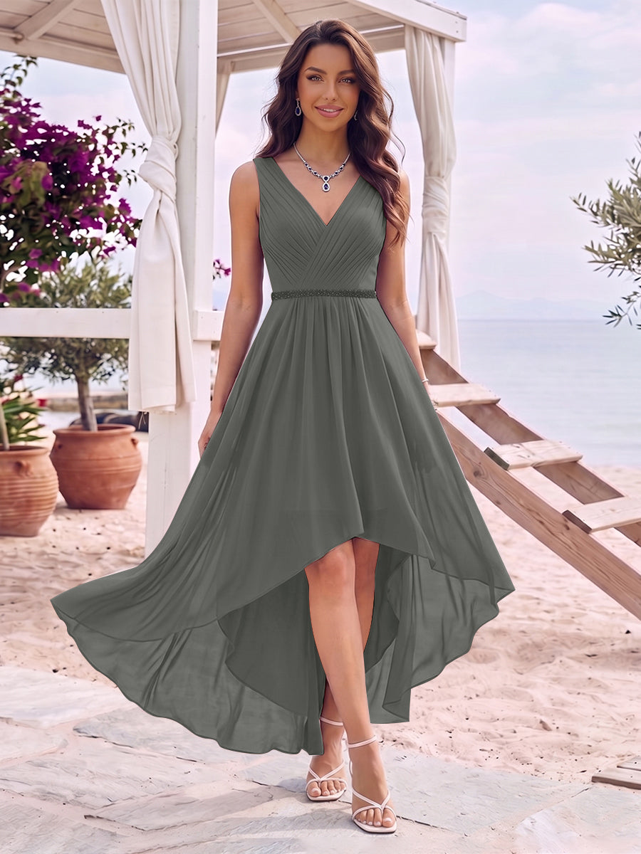 A-Line/Princess V-Neck Sleeveless Asymmetrical Bridesmaid Dresses With Pleats &amp; Rhinestone