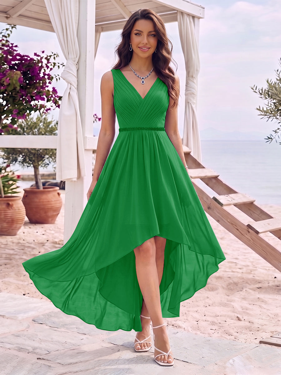 A-Line/Princess V-Neck Sleeveless Asymmetrical Bridesmaid Dresses With Pleats &amp; Rhinestone