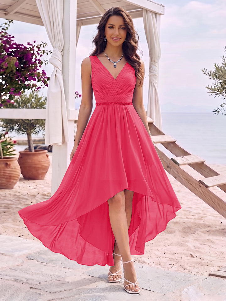 A-Line/Princess V-Neck Sleeveless Asymmetrical Bridesmaid Dresses With Pleats &amp; Rhinestone