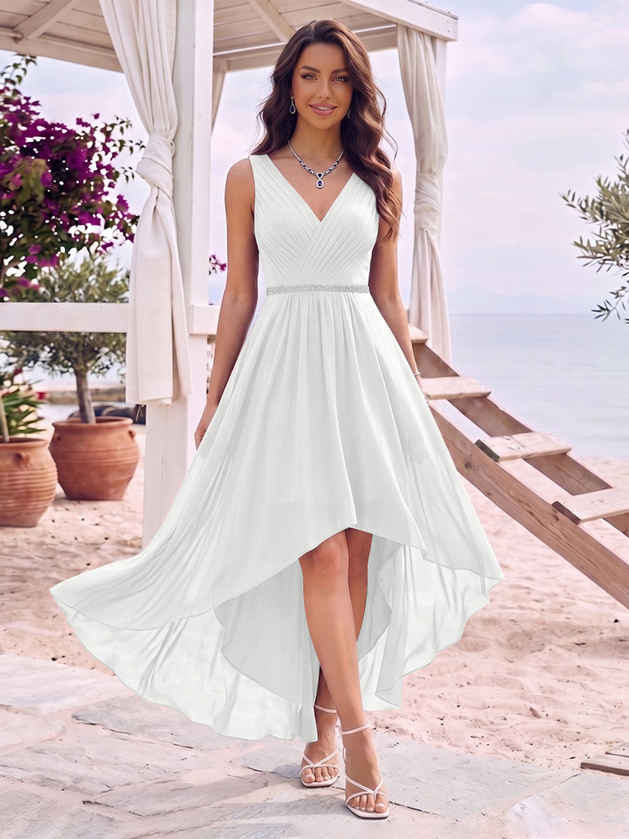 A-Line/Princess V-Neck Sleeveless Asymmetrical Bridesmaid Dresses With Pleats &amp; Rhinestone