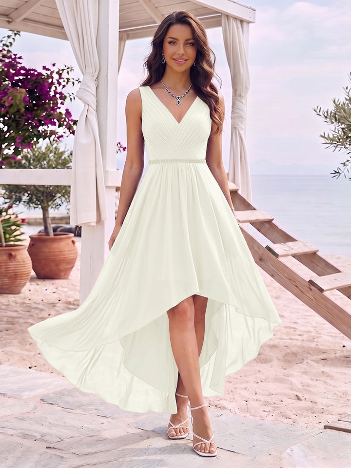 A-Line/Princess V-Neck Sleeveless Asymmetrical Bridesmaid Dresses With Pleats &amp; Rhinestone