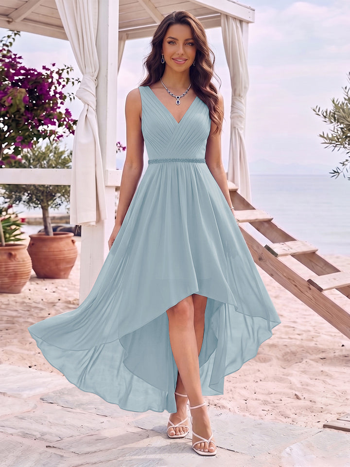 A-Line/Princess V-Neck Sleeveless Asymmetrical Bridesmaid Dresses With Pleats &amp; Rhinestone