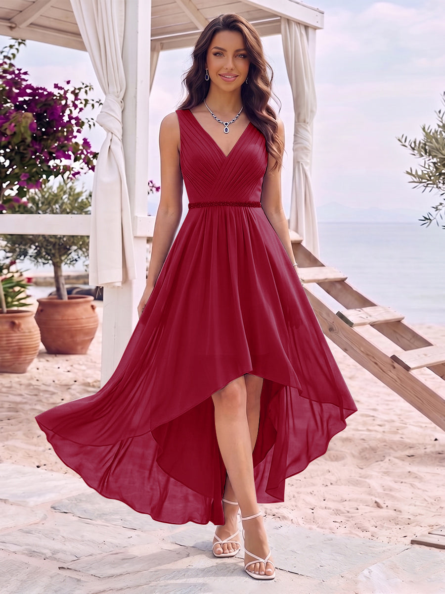 A-Line/Princess V-Neck Sleeveless Asymmetrical Bridesmaid Dresses With Pleats &amp; Rhinestone