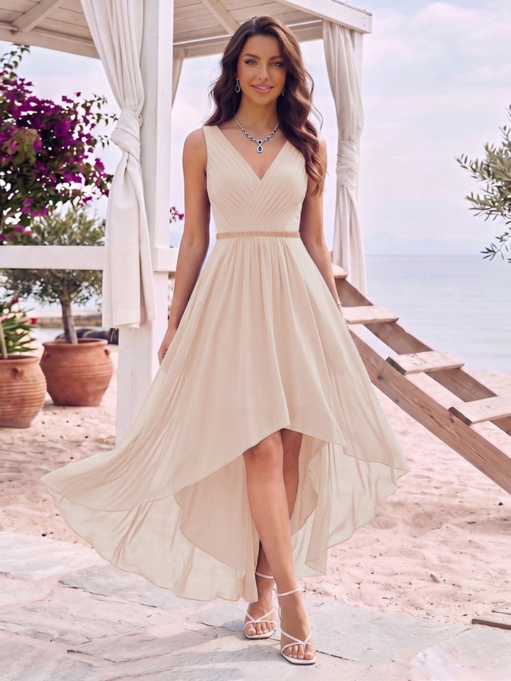 A-Line/Princess V-Neck Sleeveless Asymmetrical Bridesmaid Dresses With Pleats &amp; Rhinestone
