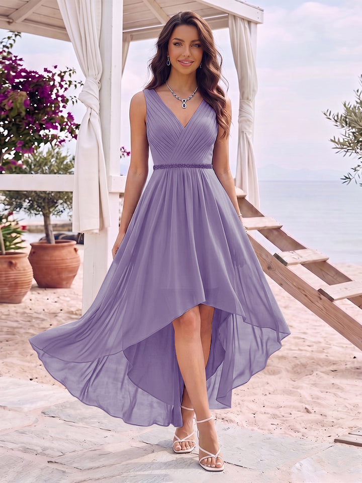 A-Line/Princess V-Neck Sleeveless Asymmetrical Bridesmaid Dresses With Pleats &amp; Rhinestone