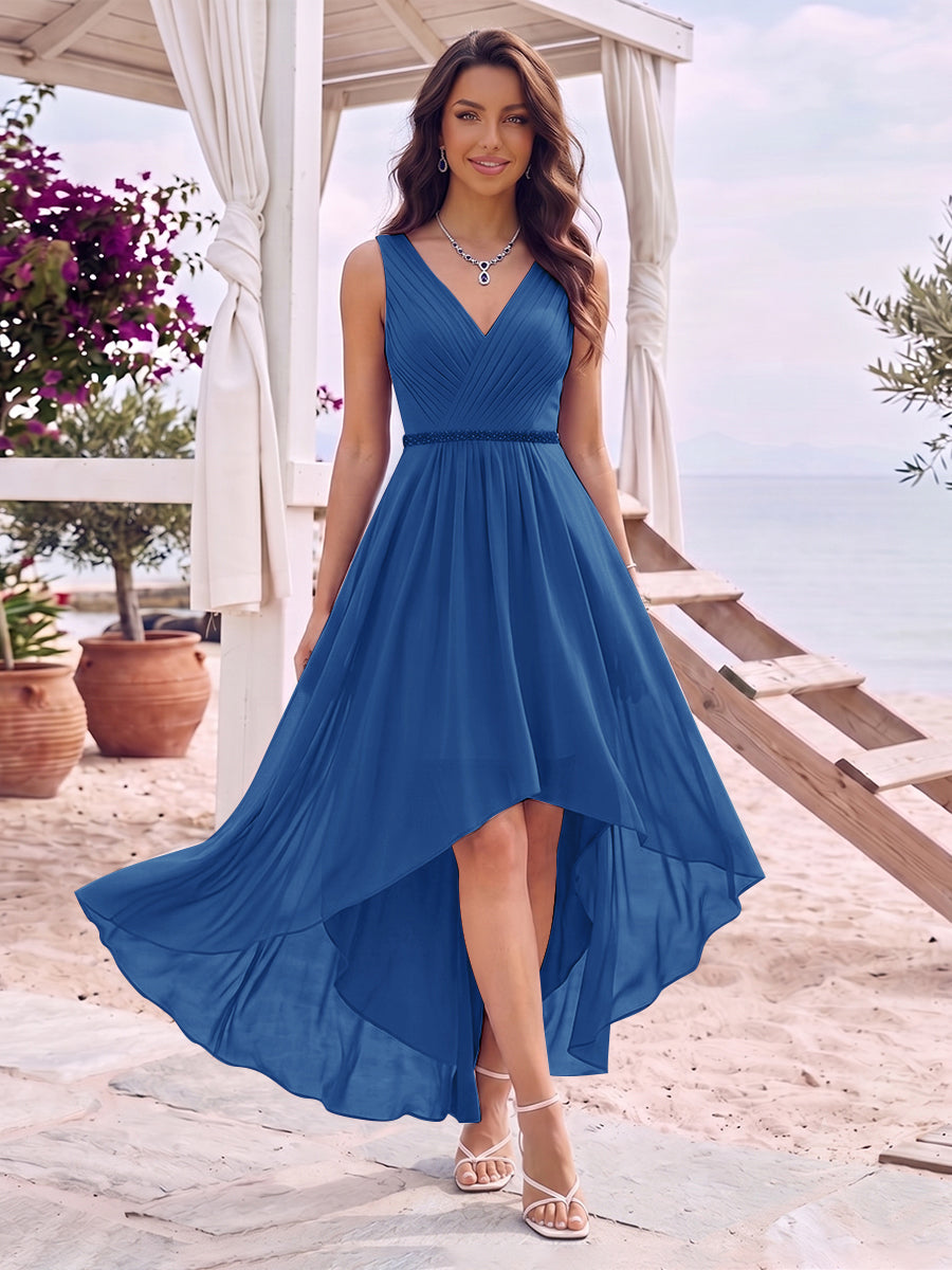 A-Line/Princess V-Neck Sleeveless Asymmetrical Bridesmaid Dresses With Pleats &amp; Rhinestone