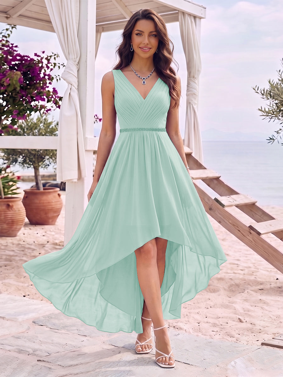A-Line/Princess V-Neck Sleeveless Asymmetrical Bridesmaid Dresses With Pleats &amp; Rhinestone