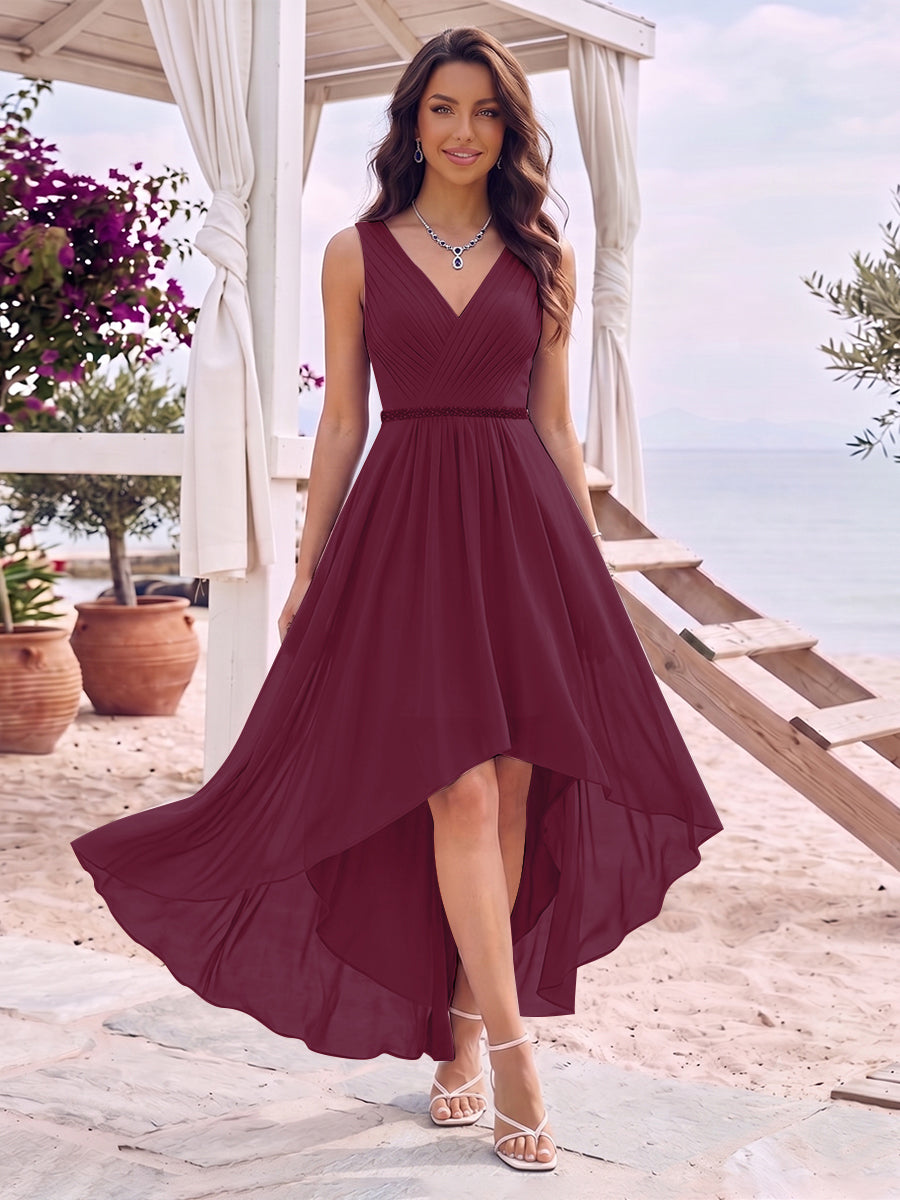 A-Line/Princess V-Neck Sleeveless Asymmetrical Bridesmaid Dresses With Pleats &amp; Rhinestone
