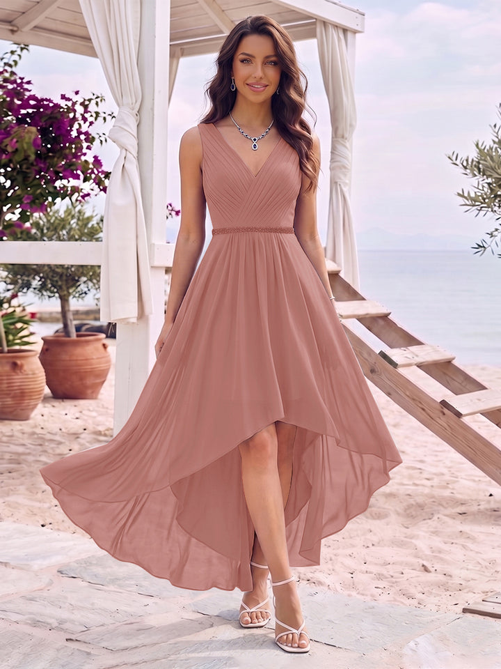 A-Line/Princess V-Neck Sleeveless Asymmetrical Bridesmaid Dresses With Pleats &amp; Rhinestone