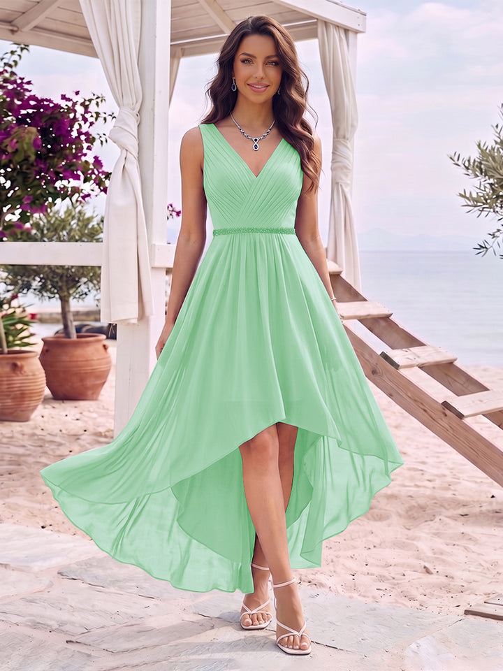 A-Line/Princess V-Neck Sleeveless Asymmetrical Bridesmaid Dresses With Pleats &amp; Rhinestone