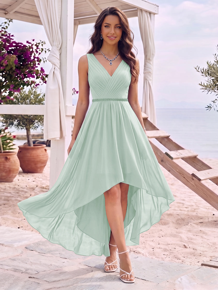 A-Line/Princess V-Neck Sleeveless Asymmetrical Bridesmaid Dresses With Pleats &amp; Rhinestone