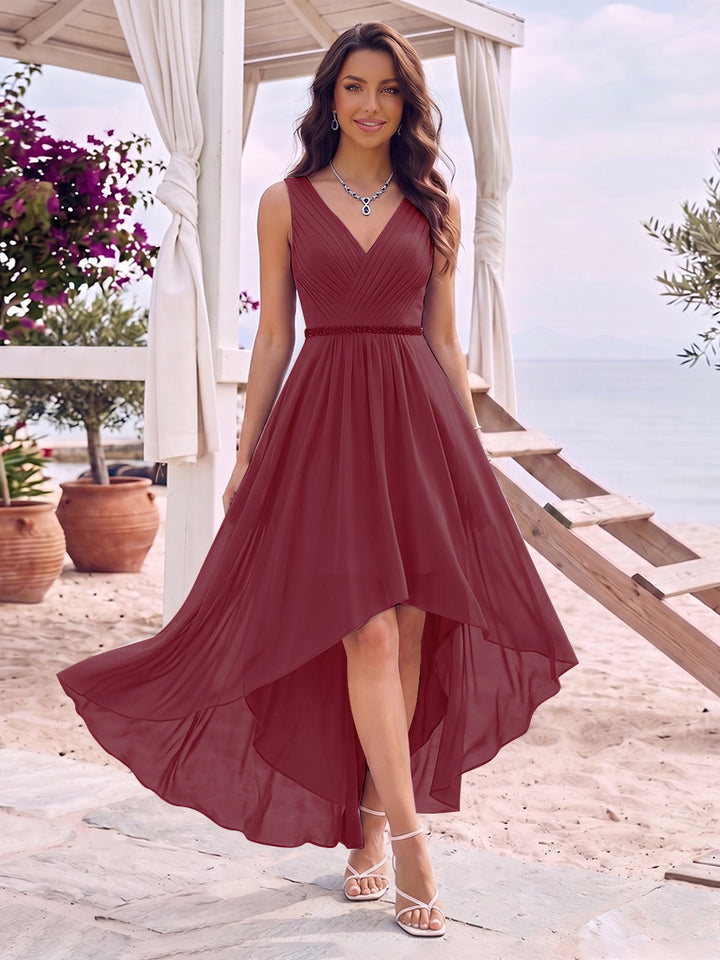 A-Line/Princess V-Neck Sleeveless Asymmetrical Bridesmaid Dresses With Pleats &amp; Rhinestone