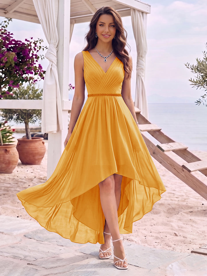 A-Line/Princess V-Neck Sleeveless Asymmetrical Bridesmaid Dresses With Pleats &amp; Rhinestone