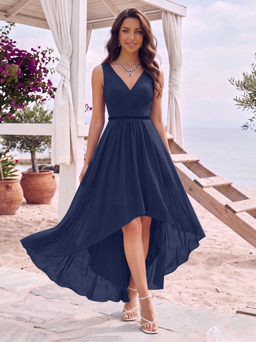 A-Line/Princess V-Neck Sleeveless Asymmetrical Bridesmaid Dresses With Pleats & Rhinestone