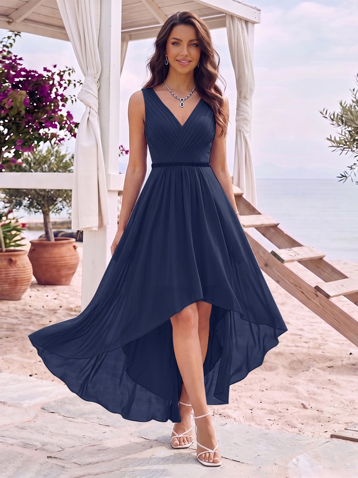 A-Line/Princess V-Neck Sleeveless Asymmetrical Bridesmaid Dresses With Pleats &amp; Rhinestone