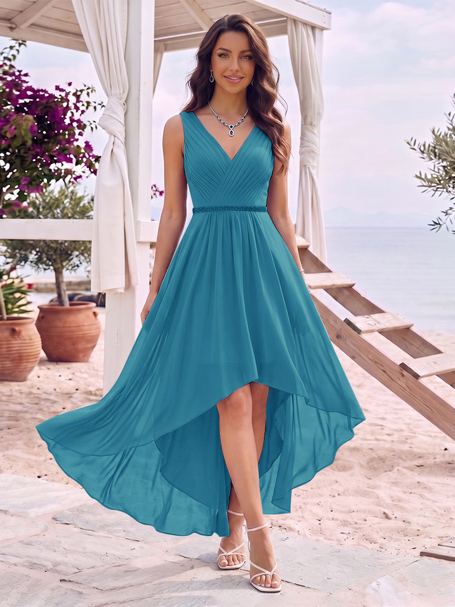 A-Line/Princess V-Neck Sleeveless Asymmetrical Bridesmaid Dresses With Pleats &amp; Rhinestone