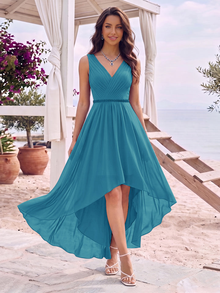 A-Line/Princess V-Neck Sleeveless Asymmetrical Bridesmaid Dresses With Pleats &amp; Rhinestone