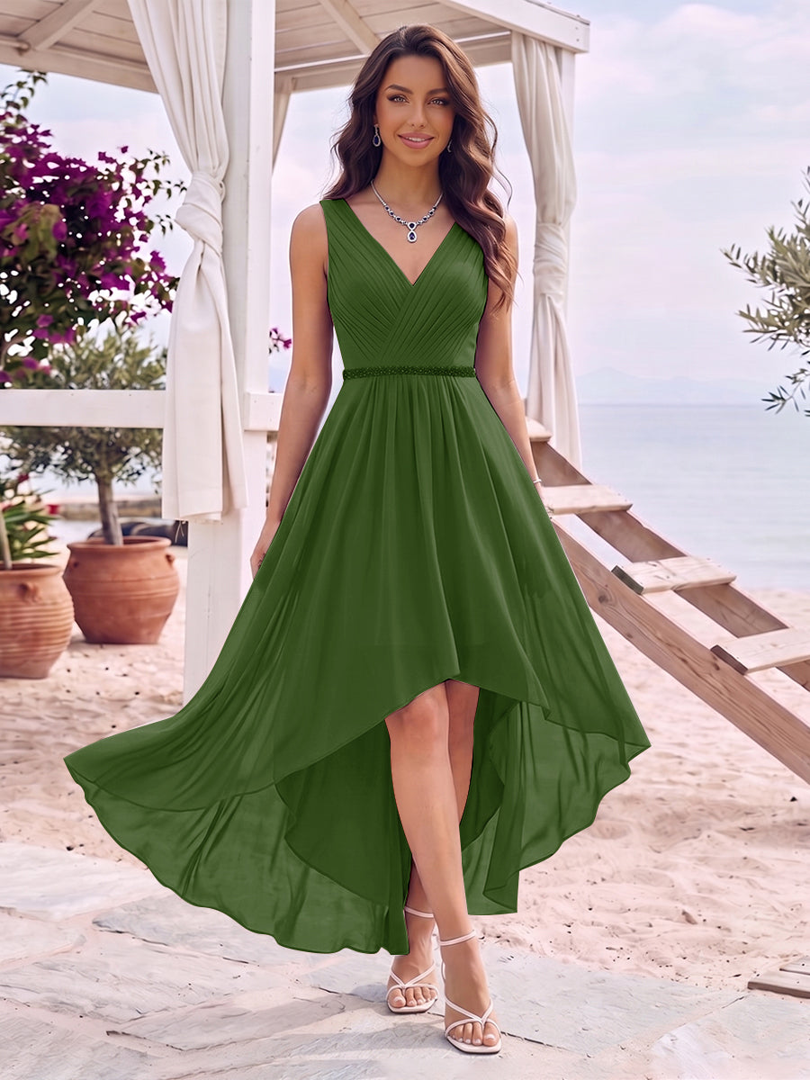 A-Line/Princess V-Neck Sleeveless Asymmetrical Bridesmaid Dresses With Pleats &amp; Rhinestone