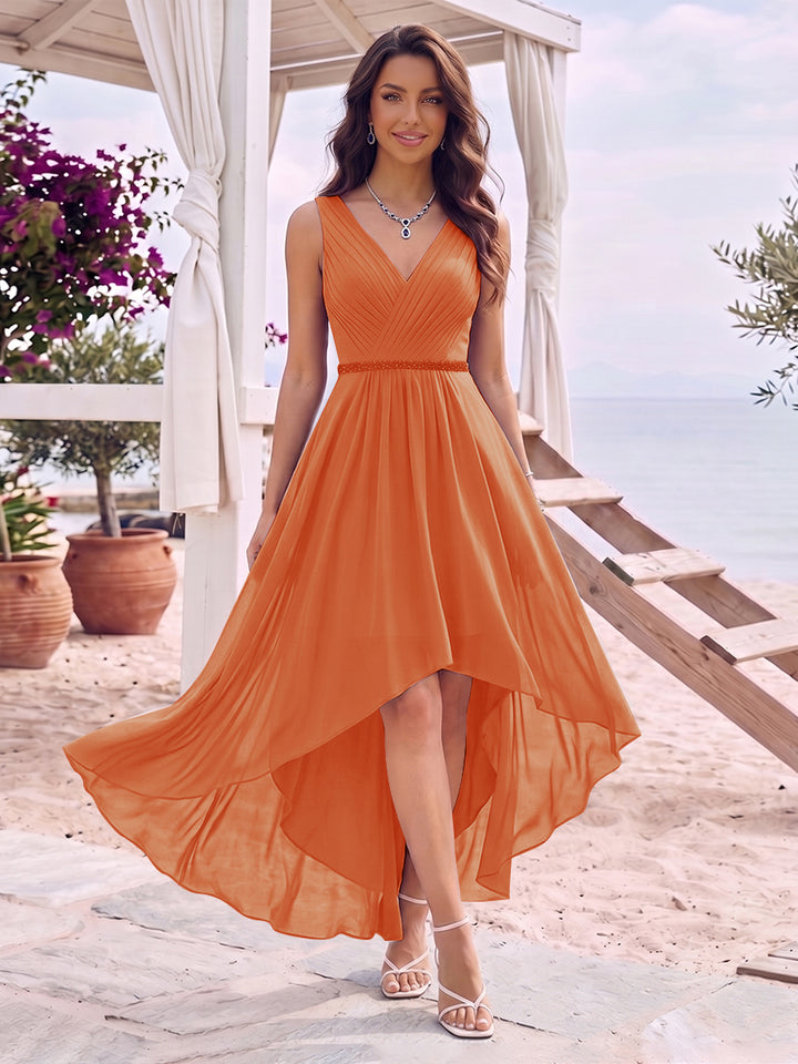 A-Line/Princess V-Neck Sleeveless Asymmetrical Bridesmaid Dresses With Pleats &amp; Rhinestone