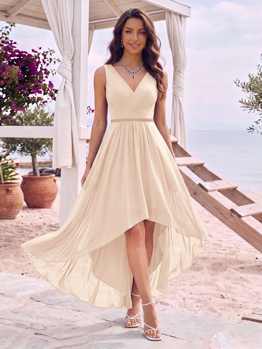 A-Line/Princess V-Neck Sleeveless Asymmetrical Bridesmaid Dresses With Pleats &amp; Rhinestone