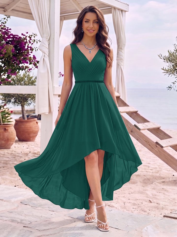 A-Line/Princess V-Neck Sleeveless Asymmetrical Bridesmaid Dresses With Pleats &amp; Rhinestone