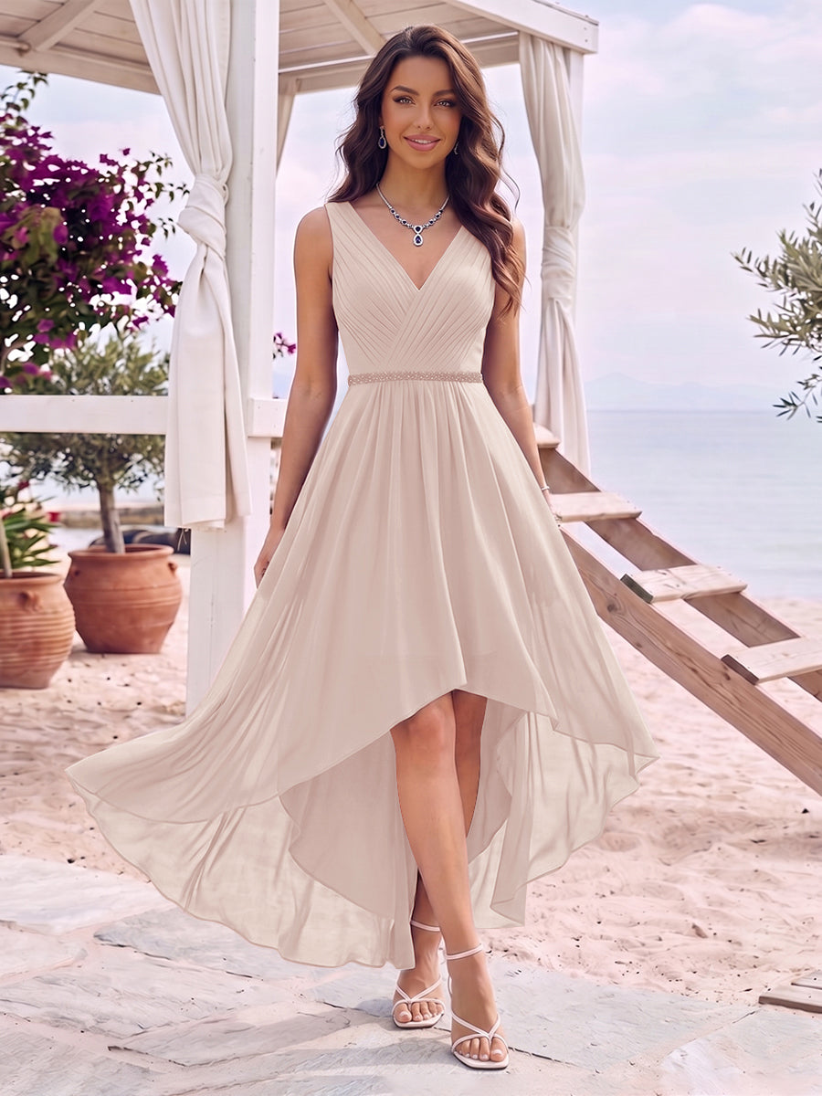 A-Line/Princess V-Neck Sleeveless Asymmetrical Bridesmaid Dresses With Pleats &amp; Rhinestone