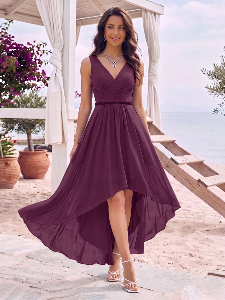 A-Line/Princess V-Neck Sleeveless Asymmetrical Bridesmaid Dresses With Pleats &amp; Rhinestone