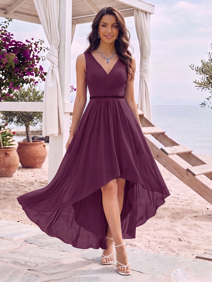 A-Line/Princess V-Neck Sleeveless Asymmetrical Bridesmaid Dresses With Pleats &amp; Rhinestone