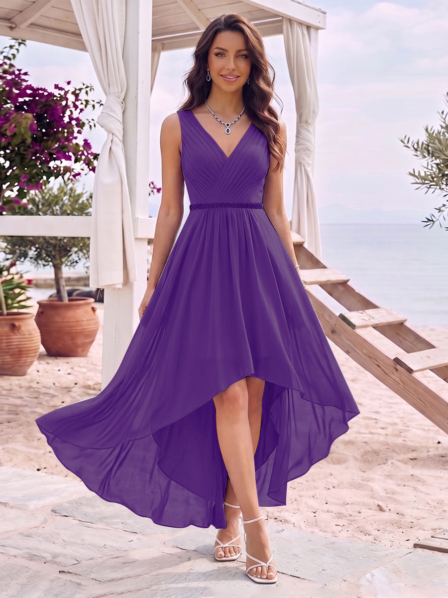 A-Line/Princess V-Neck Sleeveless Asymmetrical Bridesmaid Dresses With Pleats &amp; Rhinestone