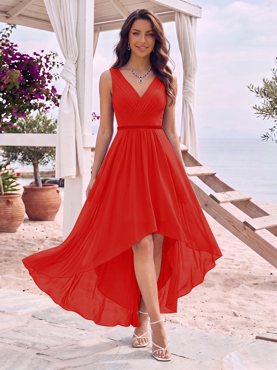 A-Line/Princess V-Neck Sleeveless Asymmetrical Bridesmaid Dresses With Pleats &amp; Rhinestone