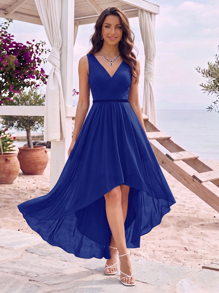 A-Line/Princess V-Neck Sleeveless Asymmetrical Bridesmaid Dresses With Pleats &amp; Rhinestone