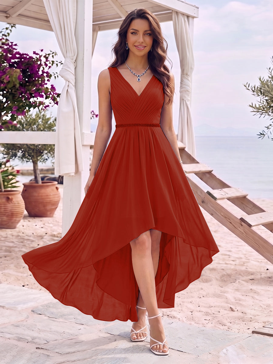 A-Line/Princess V-Neck Sleeveless Asymmetrical Bridesmaid Dresses With Pleats &amp; Rhinestone