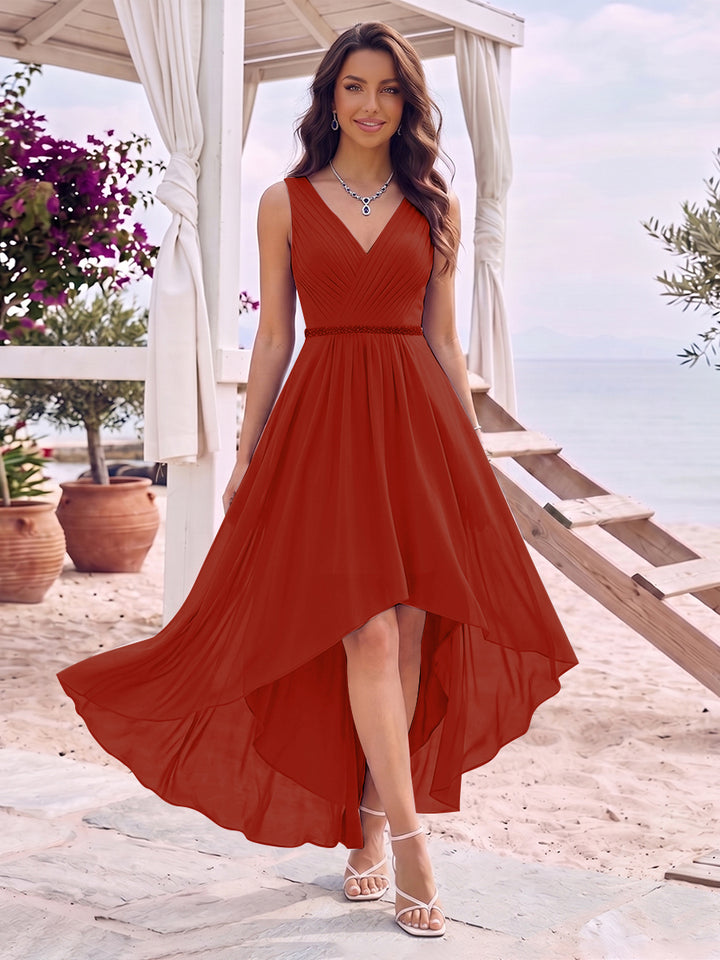 A-Line/Princess V-Neck Sleeveless Asymmetrical Bridesmaid Dresses With Pleats &amp; Rhinestone