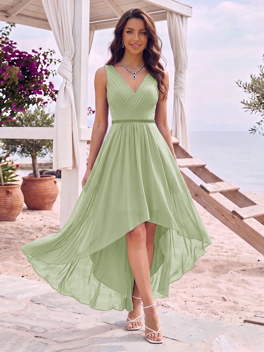 A-Line/Princess V-Neck Sleeveless Asymmetrical Bridesmaid Dresses With Pleats &amp; Rhinestone