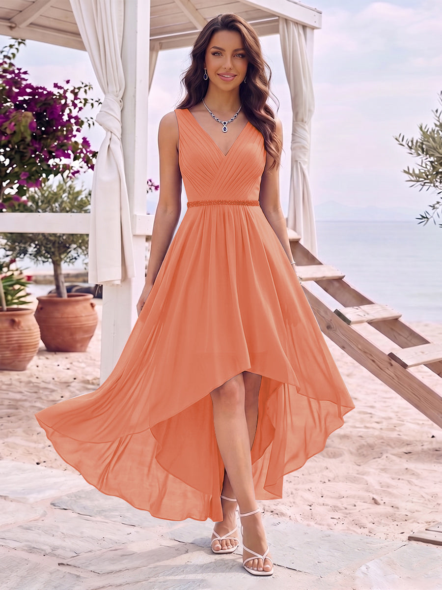 A-Line/Princess V-Neck Sleeveless Asymmetrical Bridesmaid Dresses With Pleats &amp; Rhinestone